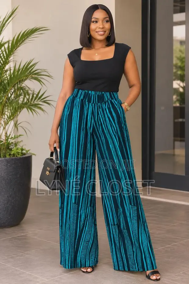 Teal & Black African Print Palazzo Trousers – Women High Waist Pants · Photo 1