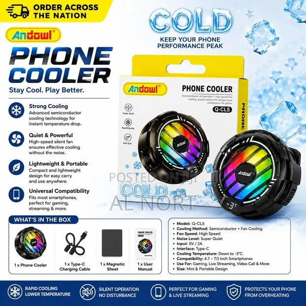 Andowl Q-Cl5 Phone Cooler – RGB Semiconductor Cooling Fan – Black · Photo 1