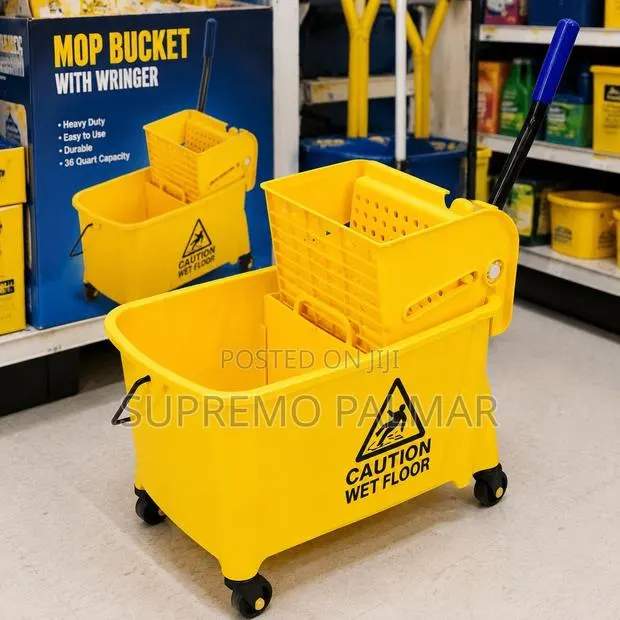 20L Mop Bucket With Side-Press Wringer – Yellow With Caster Wheels · Photo 1