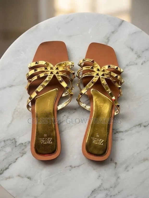 Zara Gold Studded Strappy Flat Slippers · Photo 1