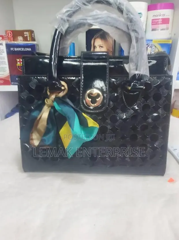 Black Patent Faux-Leather Hand Bag With Satin Scarf · Photo 1
