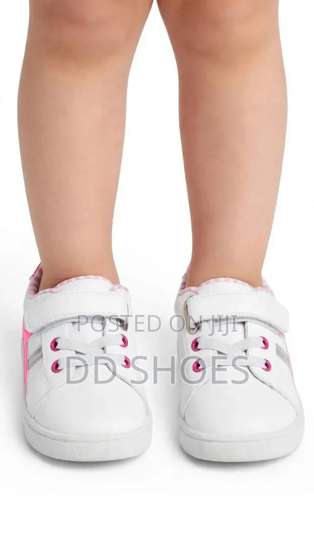 White Baby Girls Sneakers With Pink Side Stripe and Velcro · Photo 1