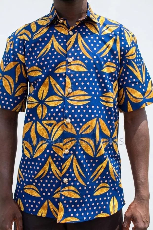 Men's Blue Gold African Print Short Sleeve Shirt - Batik Leaf · Photo 1