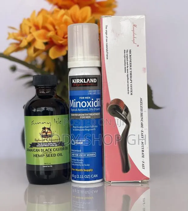 Kirkland Minoxidil Foam + Derma Roller + Castor Oil · Photo 1