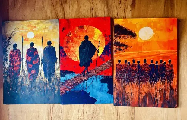 Real Cloth 3 Pieces Set African Maasai Cultural Canvas Wall Frame Arts · Photo 1