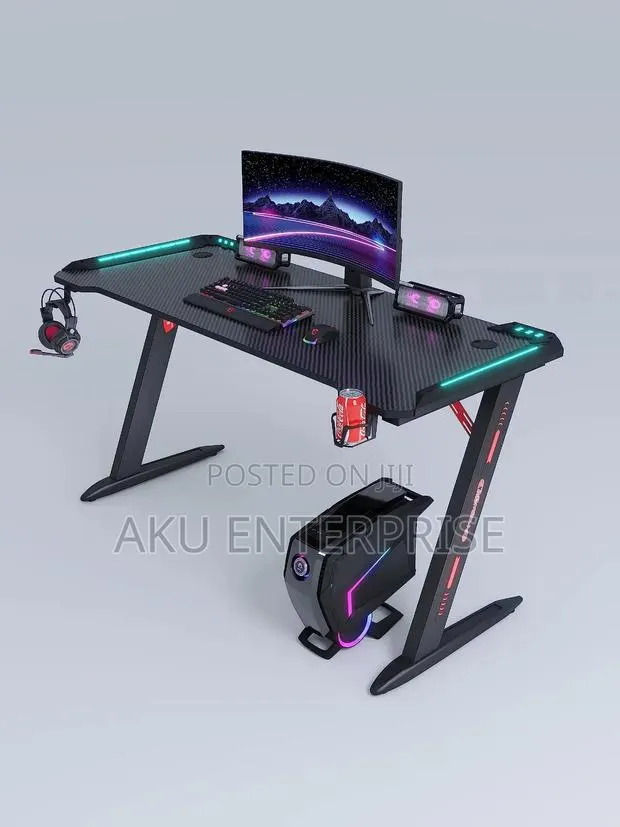 Computer and Gaming Table Led Lights Carbon Fiber Surface, Cup Holder · Photo 1