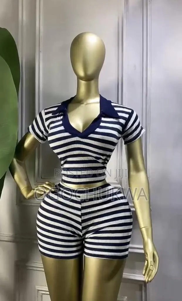 `Navy Blue White Striped Polo Crop Top and Shorts Set` · Photo 1