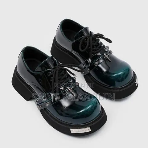 Derby Shoe, a Gradient Dark Green Metal Spike and Skull Accent Straps · Photo 1