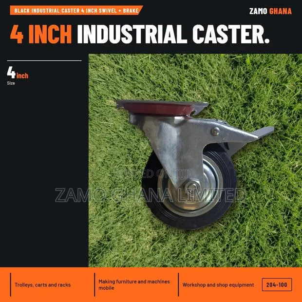 Black Industrial Caster 4 Inch Swivel + Brake - 204-100 · Photo 1