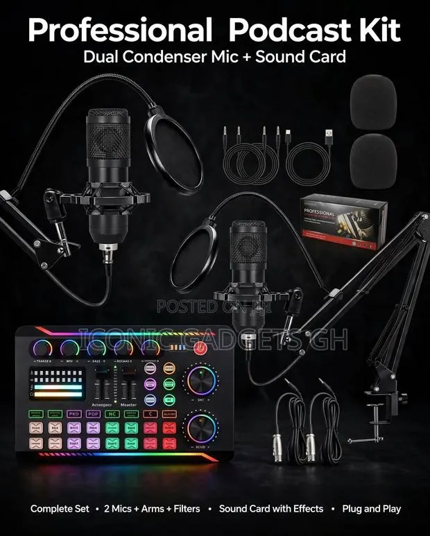 Professional Podcast Kit - Dual Condenser Mic + Sound Card · Photo 1