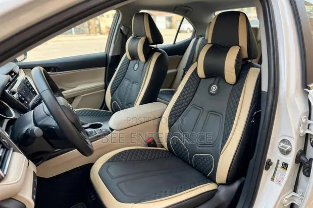 Beige and Black Leather Quilted Full Seat Cover- Universal · Photo 1
