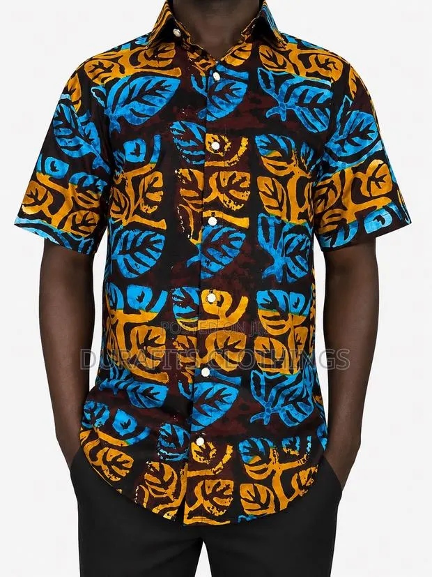 Men’S Premium African Print Short Sleeve Shirt - Leaf Pattern · Photo 1