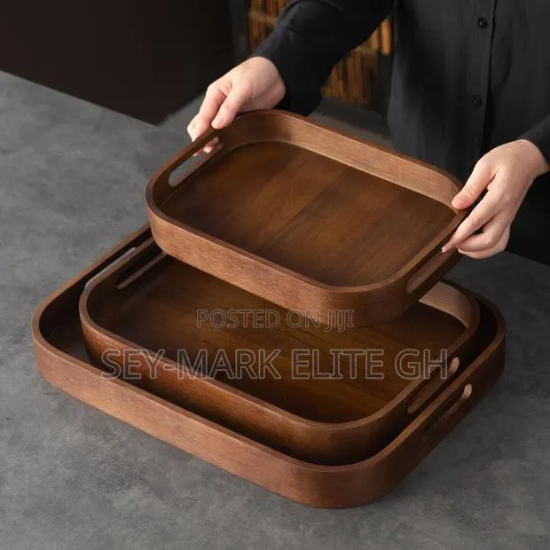 3 Set Quality Dark Wooden Serving Tray · Photo 1