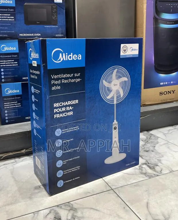 Order Durable Midea 18” Rechargeable Standing Fan · Photo 1