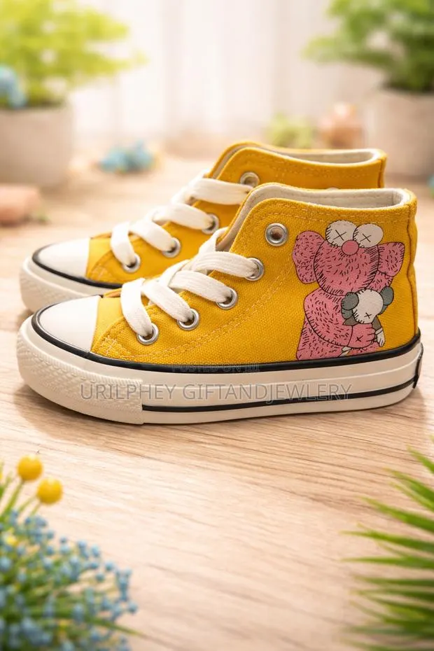Kids Vibrant Yellow Canvas Shoes Streetwear Inspired Art High-tops · Photo 1