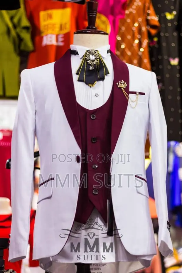 3-Piece White and Wine Tuxedo Men Suit · Photo 1