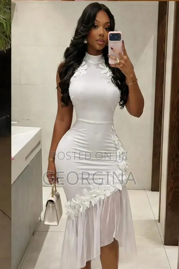 CLASSIC WEARS 3D Flower Bodycon Dress With Mesh Hem - Brown Pink White · Photo 2