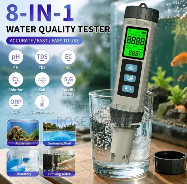 8-in-1 pH, EC, TDS, Salinity, Chlorine, ORP, S.G, Temp, Water Tester · Photo 1