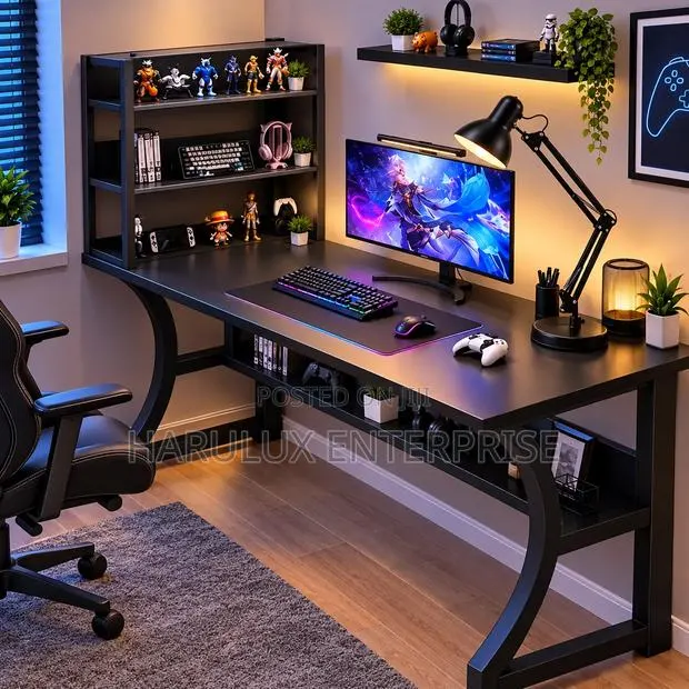 4-in-1 Gaming Desk Combo With Shelf, Desk Lamp Laptop Stand (Black) · Photo 1