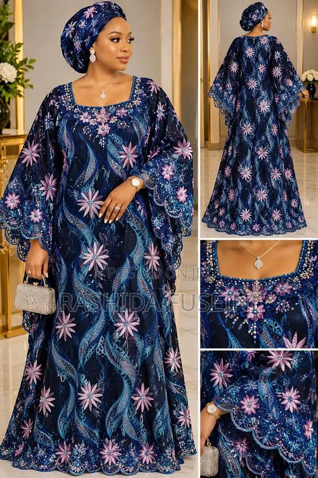5 Yards Luxury Navy Blue & Pink Floral Shada Lace · Photo 1