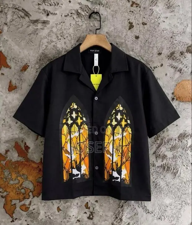 Black Short-Sleeve Button-Up Shirt With a Colorful Gothic-Style · Photo 1