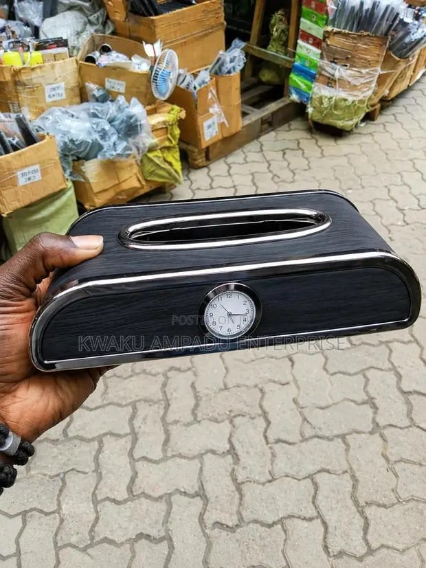 Car Tissue Box With Clock – Elegant Woodgrain · Photo 1
