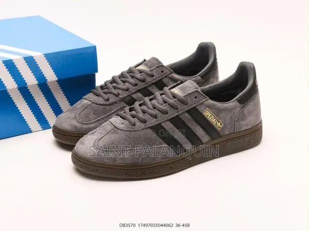 A Pair of Grey Suede Adidas Handball Spezial With Dark Grey Stripes · Photo 1