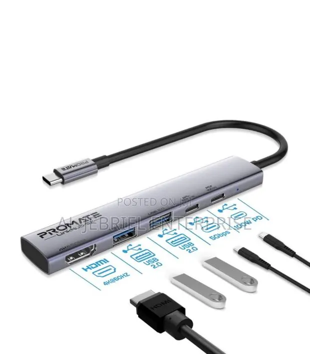 Promate Linkhub-5x 5 Port Slim USB-C Hub With 100W PD · Photo 1