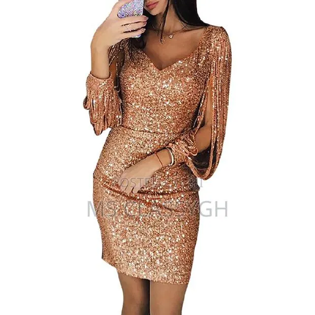 Sexy Sequin Tassel Long Sleeve Hip Dress · Photo 1