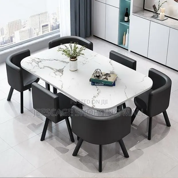 Modern 6-Seater Faux Marble Dining Table Set With Upholstered Chairs