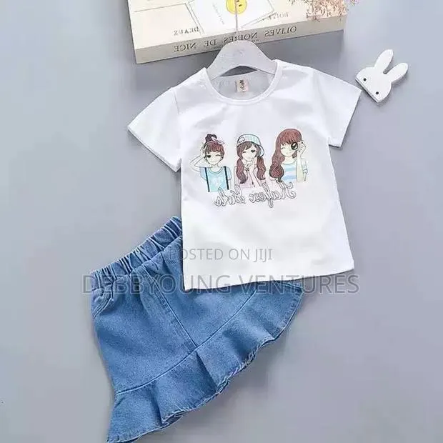 Girl Denim Suit With Cotton Stripes Short Sleeve · Photo 1