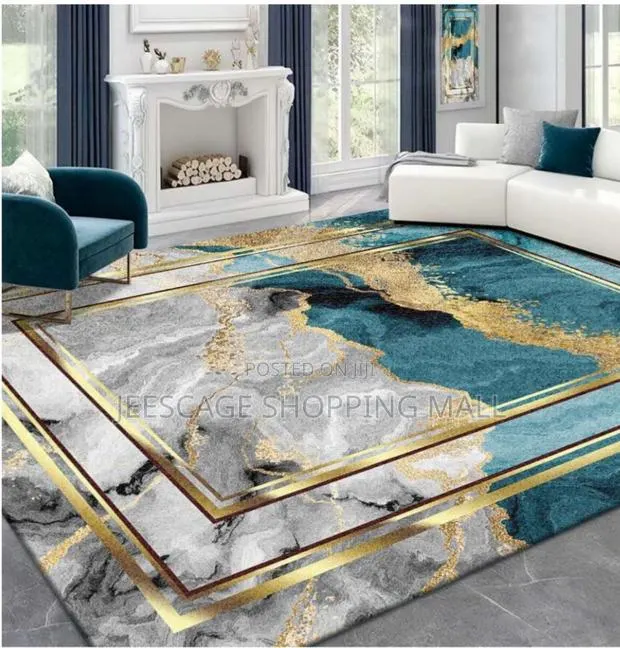 Modern Abstract Teal Grey Marble Gold Geometric Area Rug
