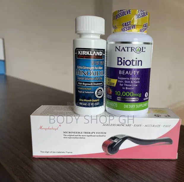 Baldness Regrowth Pack - Kirkland Minoxidil + Biotin +Roller · Photo 1