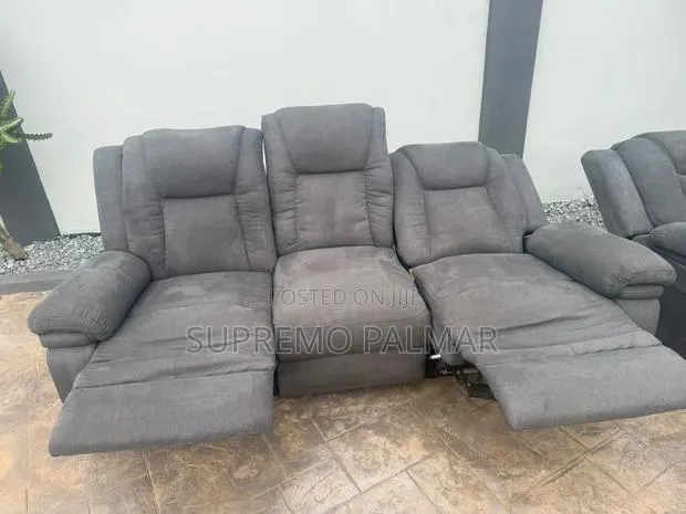 Fabric Reclining Sofa Set With Extendable Footrests – Grey Loveseat · Photo 1