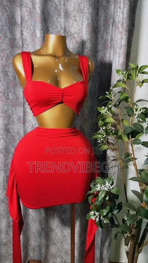 Women's Red Two Piece Skirt Set -Crop Tops Mini Skirt · Photo 1
