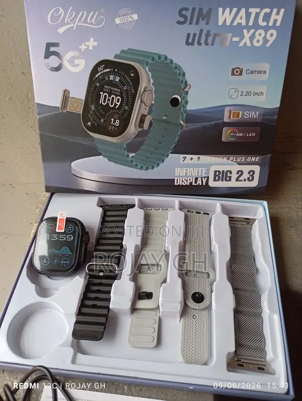 Ultra-X89 Smart Watch With Sim Slot and Camera + 4 Straps - Black · Photo 1