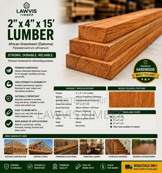 2” × 4” × 15’ Dahoma Lumber | Premium African Greenheart Hardwood · Photo 1