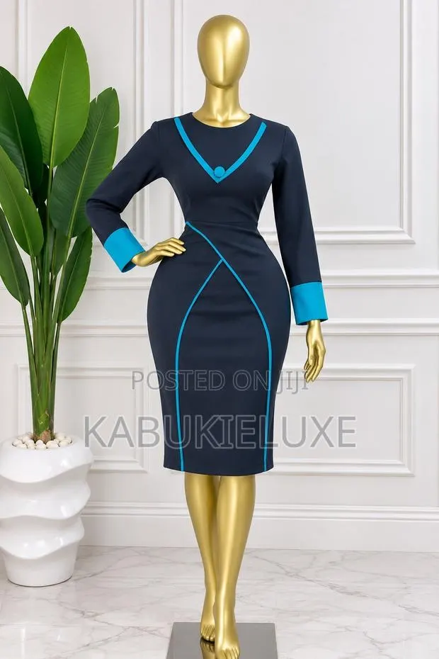 Elegant Navy Blue Corporate Midi Dress With Turquoise Trimming · Photo 1