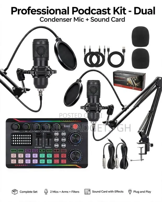 New Professional Podcast Kit Dual Condenser Mic + Sound Card · Photo 1