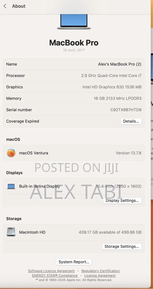Laptop Apple MacBook Pro 2017 16GB Intel Core i7 SSD 512GB · Photo 1
