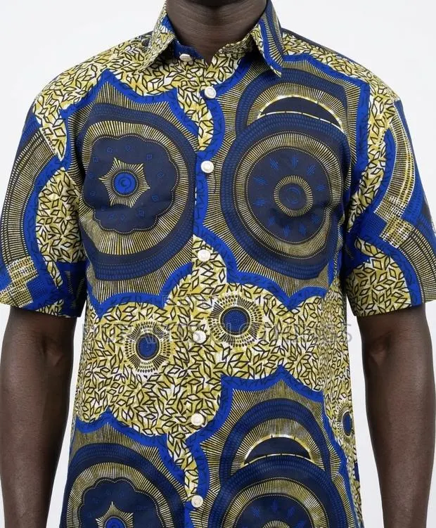 Men’s Blue Yellow Mandala African Print Short-Sleeve Shirt · Photo 1