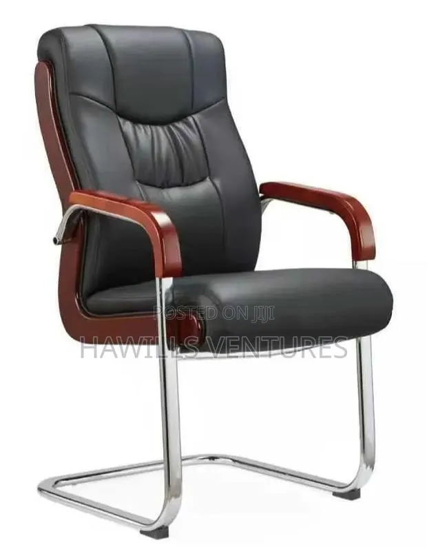 Black Leather Executive Visitor Chair With Wooden Armrests . · Photo 1
