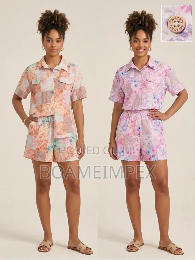 Women’s 2-Piece Floral Shirt Shorts Set – Multi-Color Pastel Pink · Photo 1