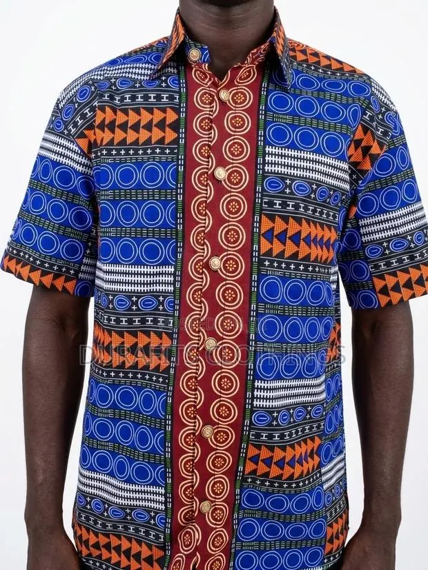 Men’s Multi-Pattern Geometric African Print Short-Sleeve Shirt · Photo 1