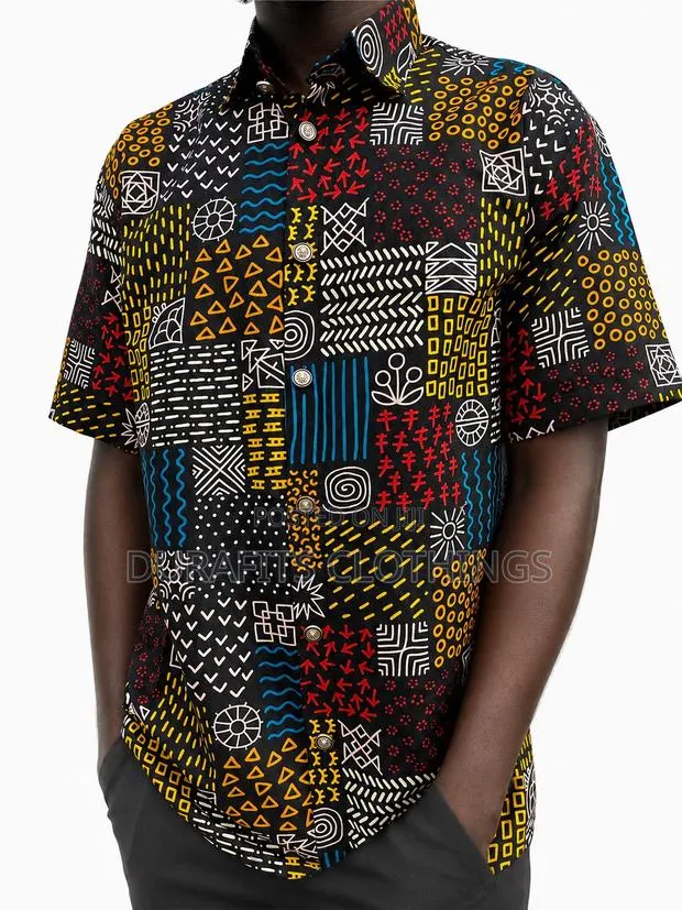 Men’s Black Tribal Symbols African Print Short-Sleeve Shirt · Photo 1