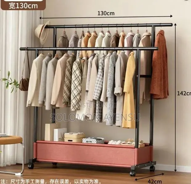Black Double-Rod Metal Garment Rack Featuring a Bottom Storage Box, · Photo 1