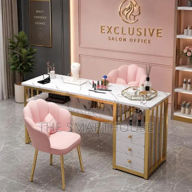 Luxury Marble Salon Nail Table – 3 Drawers + 2 Chairs · Photo 1