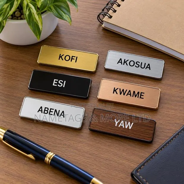 Brushed Metal Name Tags in Gold, Silver, Black, Copper & Wood · Photo 1