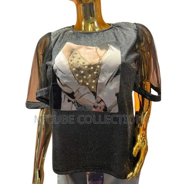 Women's Graphic Mesh Sleeve Top – Black Glitter With Fashion Print · Photo 1