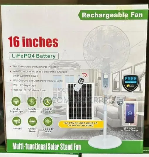 New in Box 16” Rechargeable Standing Fan With Solar Panels GHC 700 · Photo 1